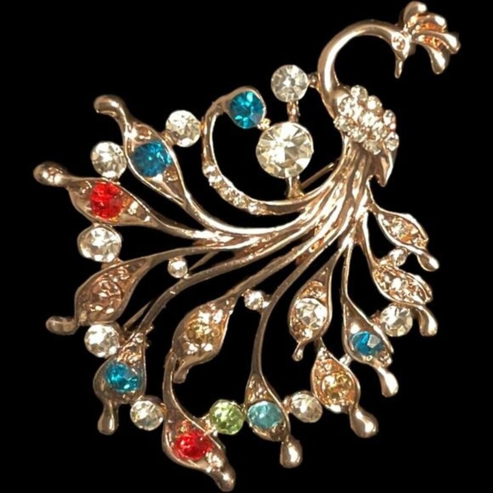 Vintage Rhinestone Peacock Brooch Pin Multicolor Crystals Gold-Tone Metal Elegan